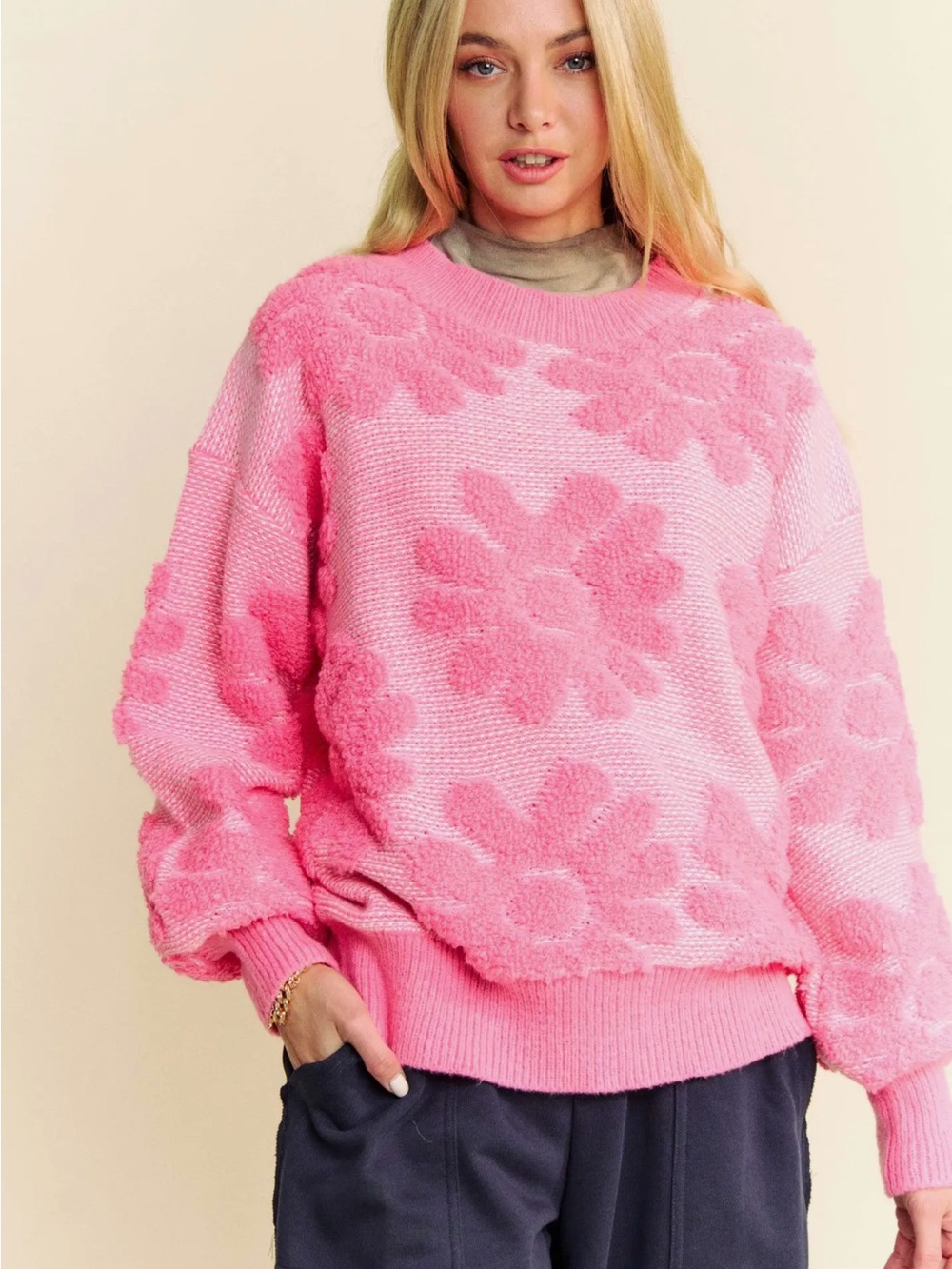 DAVI & DANI Pink Floral Crewneck Sweater